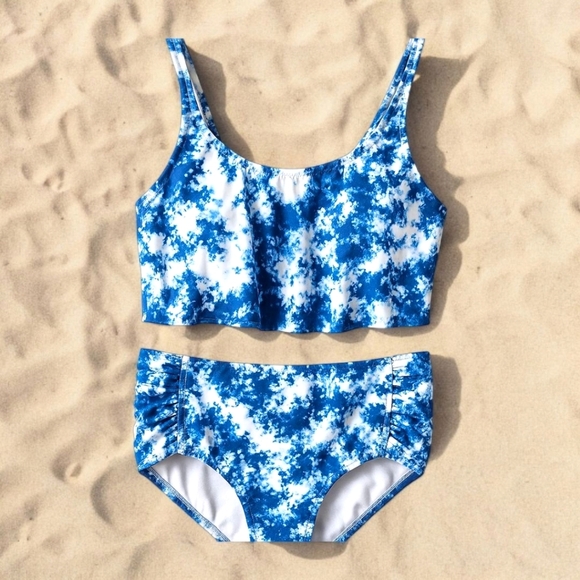 PLUS SIZE Women's Blue & White Tie Dye 2 Piece Ruffle Ruched Swim Suit Size XXL - Picture 2 of 10